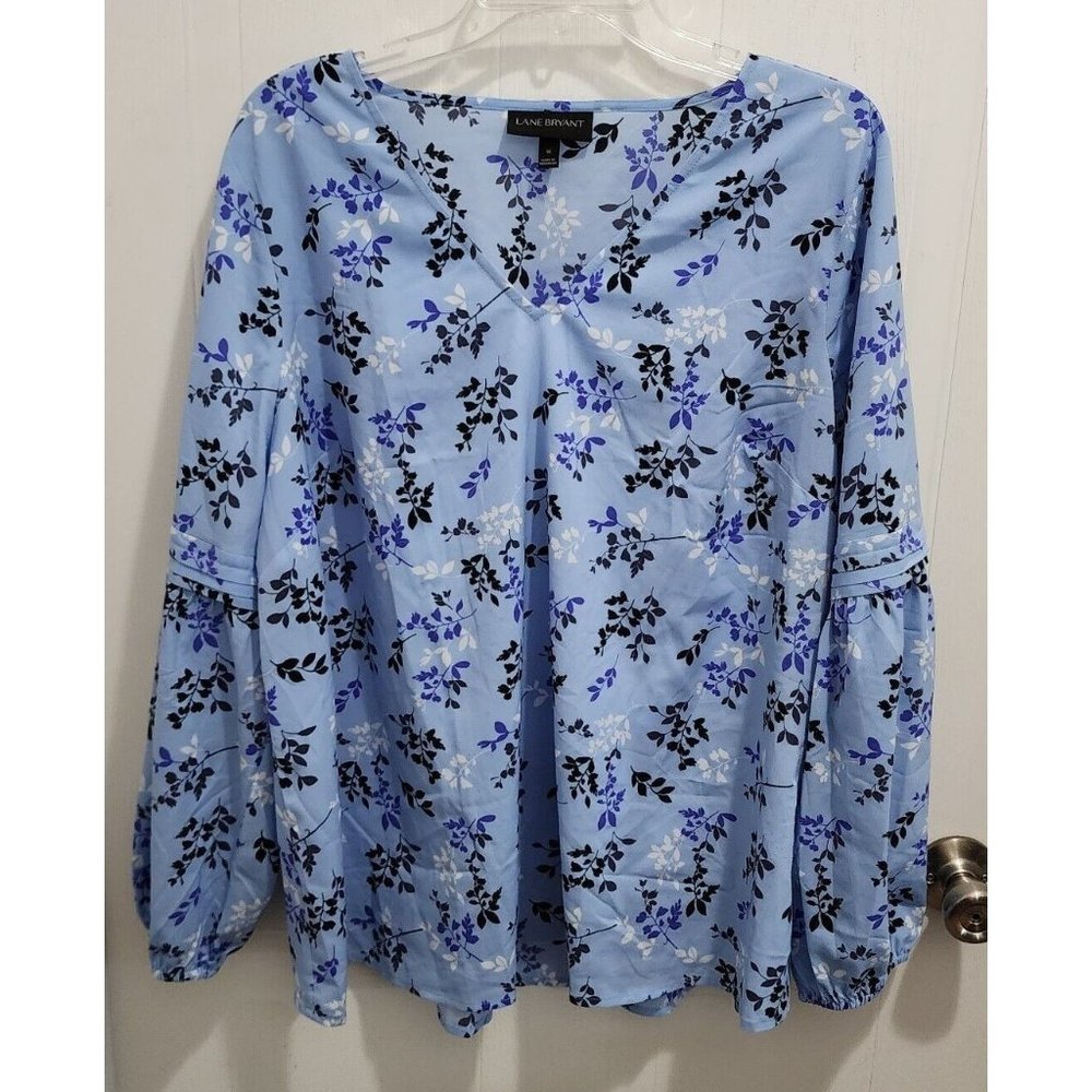 Lane Bryant Women's V Neck Long Balloon Sleeve Blouse Top Blue Floral Plus Sz 16